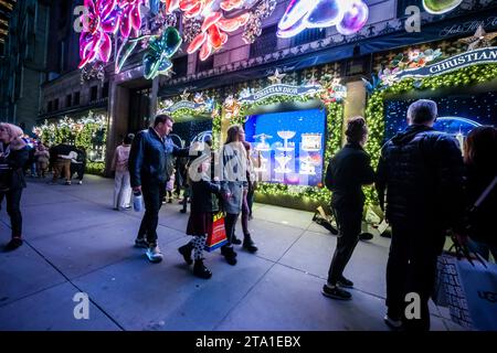 Migliaia di visitatori affollano Saks Fifth Avenue a New York per vedere la loro vetrina natalizia famosa in tutto il mondo e la collaborazione di Saks con Dior per il loro spettacolo di luci, mercoledì 22 novembre 2023 (© Richard B. Levine) Foto Stock