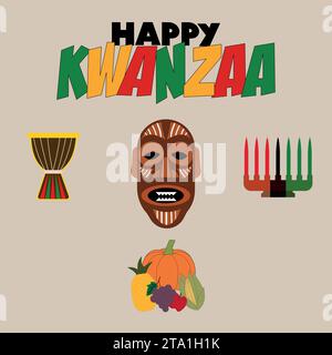Illustrazione piatta vettoriale Happy Kwanzaa. Tradizionale concetto di stile natalizio etnico afro-americano con menorah portacandele e candele bruciate. Illustrazione Vettoriale
