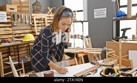 Ritratto di una giovane e bella falegnameria ispanica, che prende appunti sapientemente sul suo smartphone tra segatura e legname nella sua movimentata falegnameria W. Foto Stock