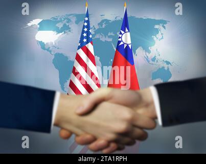 Due persone che stringono la mano davanti all'americano, bandiere., sfondo del concetto di relazioni bilaterali USA Foto Stock