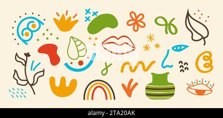 Vettore di set di doodle astratti a forma di boho. Blob Eyes, Face, Leaves. Forme geometriche, alla moda e astratte. Illustrazione Vettoriale