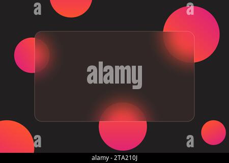 Sfondo astratto digitale di cerchi al neon luminosi con piastra rettangolare di morfismo in vetro al centro. Modello di banner moderno orizzontale con Illustrazione Vettoriale