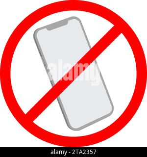 Segnale telefono vietato su sfondo bianco. Nessuna icona del telefono cellulare, simbolo di blocco dello smartphone. Indicatore della zona di chiamata silenziosa o della modalità silenziosa del telefono. Uso del cellulare r Illustrazione Vettoriale