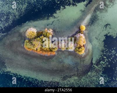 Foto aerea, vista dall'alto della Liebesinsel, vicino alla penisola di Mettnau, Radolfzell sul lago di Costanza, distretto di Costanza Foto Stock