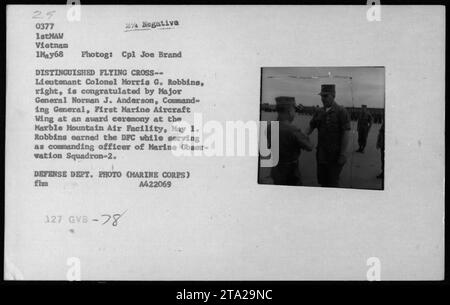 Il tenente colonnello Morris G. Robbins si sta congratulando con il maggiore generale Norman J. Anderson durante una cerimonia di premiazione alla Marble Mountain Air Facility il 1° maggio 1968. Robbins ottenne la Distinguished Flying Cross mentre comandava il Marine Observation Squadron-2. Foto del Dipartimento della difesa (corpo dei Marines). Foto Stock