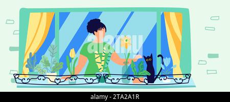 Donna sul balcone con un gatto e piante da casa. Cura di sé. Fiori di casa sul balcone. Hobby. Il concetto di armonia e cura di sé, costruendo un mondo interiore felice e uno stile di vita prospero Illustrazione Vettoriale