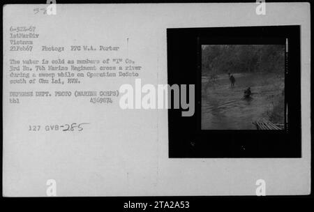 I membri della compagnia "T" del corpo dei Marines, parte del 3rd Engineering Battalion, 7th Marine Regiment, attraversano un fiume durante una pattuglia come parte dell'operazione DeSoto. La foto è stata scattata il 21 febbraio 1967, a sud di Chu Lai, nella Repubblica del Vietnam. L'acqua fredda non dissuade i soldati dalla loro missione. Foto Stock