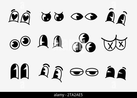 Occhi divertenti dei cartoni animati retrò. Occhi d'epoca anni '30 anni '60 anni '70 con varie emozioni Illustrazione Vettoriale