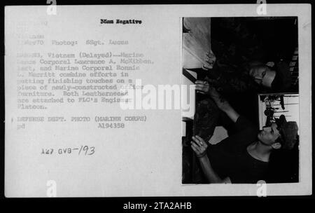 Il caporale Marine Lance Lawrence McKibben e il caporale Marine Ronnie Merritt lavorano insieme per completare un mobile per ufficio in Vietnam. Entrambi i Marines sono attaccati al plotone ingegnere del FLC (Fleet Logistics Command). Questa fotografia è stata scattata nel novembre 1970 da SSgt. Lucas a Danang, in Vietnam. Foto Stock