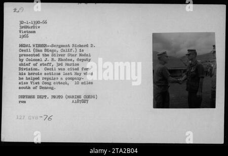Il sergente Richard D. Cecil riceve la medaglia d'argento dal colonnello J.R. Rhodes, vice capo di stato maggiore, 3rd Marine Division nel 1966. Cecil, di San Diego, California, fu premiato per le sue azioni coraggiose nel maggio di quello stesso anno, dove aiutò a respingere un attacco dei Viet Cong vicino a Danang. Foto Stock