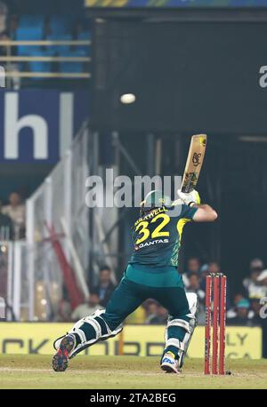 Guwahati, Assam, India. 28 novembre 2023. Glenn Maxwell dell'Australia durante la partita n. 03 della serie internazionale T20 tra Australia e India al Barsapara Cricket Stadium, Guwahati, Assam, India il 28 novembre 2023 (Credit Image: © Avijit Das/ZUMA Press Wire) SOLO PER USO EDITORIALE! Non per USO commerciale! Foto Stock