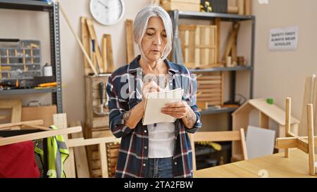 Una donna carpentiera dai capelli grigi matura e seria che prende appunti dettagliati nel suo vivace studio di lavorazione del legno Foto Stock