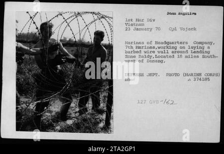 Marines of Headquarters Company, 7th Marines, costruendo una barriera di filo spinato intorno alla Landing zone Baldy, situata 18 miglia a sud-ovest di Danang in Vietnam. La fotografia, scattata il 23 gennaio 1970, mostra gli sforzi compiuti dal personale militare americano per fortificare le basi di combattimento durante la guerra del Vietnam. Foto Stock