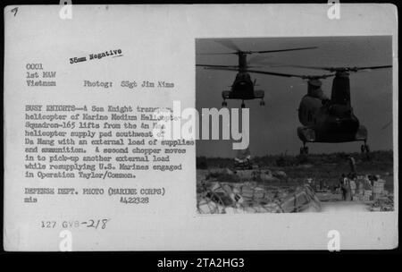 Titolo: Operazione di rifornimento in Vietnam durante la guerra del Vietnam didascalia: Un elicottero da trasporto CH-46 Sea Knight, assegnato al Karine Medium Helicopter Squadron-165, si solleva dal pad di rifornimento per elicotteri An Hoa a da Nang, Vietnam. Trasporta un carico esterno di provviste e munizioni per rifornire i Marines statunitensi impegnati nell'operazione Taylor/Common. Un altro elicottero può essere visto sullo sfondo preparandosi a raccogliere il proprio carico esterno. Questa fotografia è stata scattata da SSgt Jim NIMs e fa parte della collezione di attività militari americane durante la guerra del Vietnam. Foto Stock