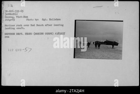 I Marines assaltano Red Beach durante la guerra del Vietnam il 14 aprile 1965. Questa fotografia cattura il momento in cui le truppe si precipitano sulla spiaggia dopo essere sbarcate dai loro oggetti di sbarco. Scattata dal sergente Hallahan, è una foto del Dipartimento della difesa (corpo dei Marines) con il codice di identificazione A183937 XVM 127 GVB-57. Foto Stock