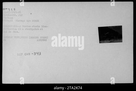 Un Marine controlla l'identificazione a un checkpoint in 1 in Pass il 22 settembre 1966, con jeep, camion e dune buggy presenti in Vietnam. Foto Stock