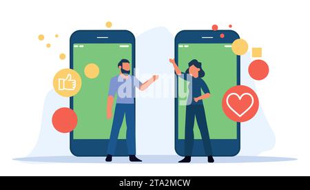 Young Woman ha utilizzato lo smartphone per accedere all'app di incontri online, sperando di trovare l'amore nel mondo digitale dei social media. Coppia che ha chiacchierato sui telefoni cellulari. Donna Illustrazione Vettoriale