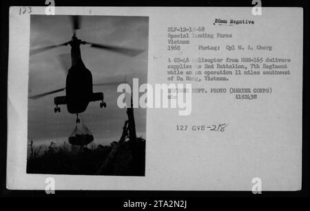 Un elicottero CH-46 dell'H-165 fornisce rifornimenti al 2nd Battalion, 7th Regiment durante un'operazione militare a 11 miglia a sud-ovest di da Nang, Vietnam nel 1968. La fotografia è stata scattata dal comandante W. A. Oberg e fa parte della collezione del Dipartimento della difesa che documenta le attività militari americane durante la guerra del Vietnam. Foto Stock