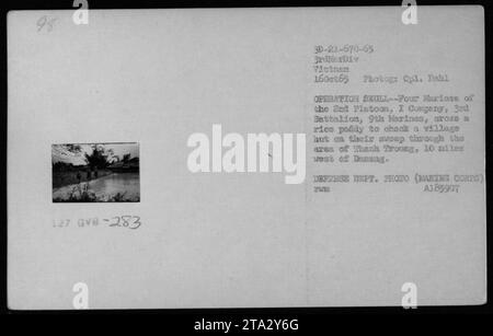 Il 16 ottobre 1965, quattro Marines del 2nd Platoon, i Company, 3rd Battalion, 9th Marines attraversano una risaia per ispezionare una capanna del villaggio a Thanh Troung, ad ovest di Danang, durante l'operazione Skull. Foto Stock
