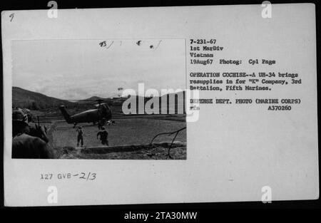 Un elicottero UH-34 fornisce rifornimenti alla "K" Company, 3rd Battalion, 5th Marines durante l'operazione Cochise il 19 agosto 1967. La fotografia catturata dal comandante Page mostra una missione di rifornimento di routine condotta dalla 1st Marine Division in Vietnam. Foto Stock