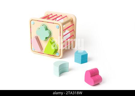 Puzzle giocattolo in legno per bambini con blocchi colorati di diverse forme isolati su sfondo bianco Foto Stock