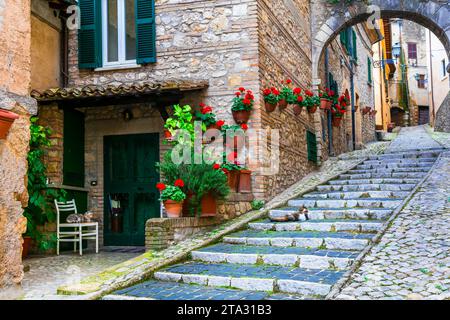 Borghi medievali tradizionali d'Italia - pittoresche vecchie strade floreali di Casperia, provincia di Rieti Foto Stock