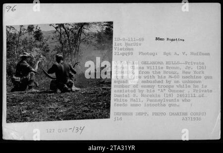 Il soldato di prima classe Willie Brown Jr., del Bronx, New York, apre il fuoco con la sua mitragliatrice M-60 mentre la sua squadra entra in agguato durante l'operazione Oklahoma Hills il 21 aprile 1969. Riceve assistenza dal suo "A" Gunner, il soldato Daniel S. Morekin di White Hall, Pennsylvania, che alimenta munizioni nella pistola. Foto Stock