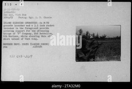 I soldati del Marine Corps usano un lanciagranate M-79 e un lanciarazzi da 3,5 pollici per fornire supporto di copertura alle truppe in avanzata della compagnia "p", 2nd Battalion, 4th Marines, durante un'operazione di sgombero dell'isola a Chu Lai, Vietnam, il 30 maggio 1965. Questa immagine proviene da una collezione di attività militari americane nella guerra del Vietnam. Foto Stock