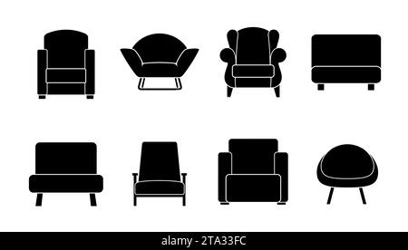 Set di icone di divani diversi. Collezione tipi di mobili morbidi. Splendidi elementi di design: Arredi classici, retrò o moderni. Vintage e comfort Illustrazione Vettoriale