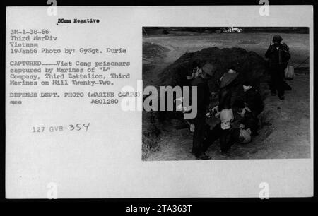 Un gruppo di sospettati e prigionieri Viet Cong vengono catturati dai Marines della compagnia "l'", terzo battaglione, terzo Marines sulla collina ventidue. La foto è stata scattata il 19 gennaio 1966, durante la guerra del Vietnam. È una foto del Dipartimento della difesa scattata da GySgt. Durie. L'immagine è etichettata A801280 e appartiene alla raccolta 3M-1-38-66. Foto Stock