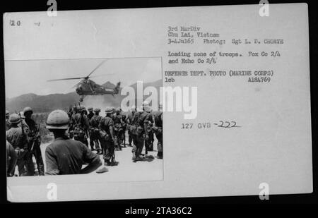 Elicotteri UH-34 utilizzati dalla 3rd Marine Division a Chu Lai, Vietnam, il 3 luglio 1965. La fotografia mostra il carico di truppe dalla Fox Company 2/4 e dalla Echo Company 2/1. Il fotografo è il sergente L. D. Choate. (Foto del Dipartimento della difesa del corpo dei Marines, A184769) Foto Stock