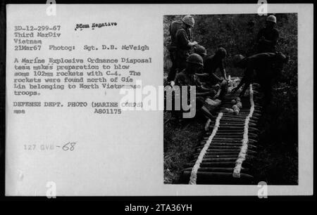 Il team Marine Explosive Ordnance Disposal si prepara a demolire i razzi da 102 mm catturati con il C-4. I razzi furono scoperti nel nord di Gia Lin e appartenevano alle truppe nordvietnamite. Fotografia scattata il 21 marzo 1967 dal sergente D.B. McVeigh della terza Divisione Marina in Vietnam. (REPARTO DIFESA. FOTO (CORPO MARINO) A801175 MAE 127 GVB-68) Foto Stock