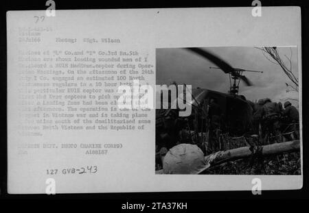 Marines di 'Co.' e 'i' Co. 3° miliardi. I 5th Marines possono essere visti caricare soldati feriti da i Co. Su un HULE (Helicopter Utility-Light) per l'evacuazione durante l'operazione Hastings il 24 luglio 1966. In questo giorno, i Co. Incontrò circa 100 regolari nordvietnamiti in una battaglia di 10 ore. La foto è stata scattata vicino alla zona demilitarizzata tra il Vietnam del Nord e la Repubblica del Vietnam. Foto Stock