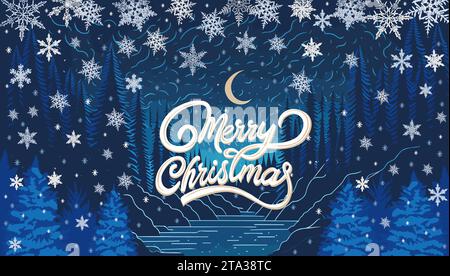 Biglietto di Natale con fiocchi di neve e foresta notturna. Illustrazione Vettoriale
