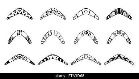 Tradizionale boomerang in legno di diverse forme, con icone isolate su sfondo bianco. Arma da caccia e sportiva australiana. Legno aborigeno Illustrazione Vettoriale