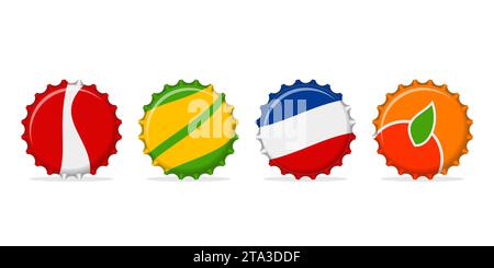 Set di tappi per flaconi colorati isolati su sfondo bianco. Etichette sotto forma di tappi in alluminio per bottiglie, bicchieri di bibite gassate o succo di frutta. Illustrazione vettoriale Illustrazione Vettoriale