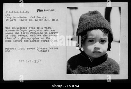 Immagine: Un giovane rifugiato vietnamita, uno dei primi ad arrivare a Camp Tulega a Camp Pendleton, California, il 29 aprile 1975, attira l'attenzione di un fotografo. L'espressione sconcertata nei loro occhi cattura la situazione dei rifugiati vietnamiti durante la guerra del Vietnam. Foto Stock