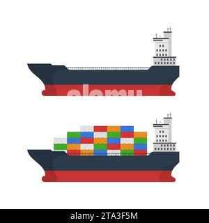 Nave da carico vuota e carica con container isolati su bianco. Trasporto di merci con nave container. Servizio logistico marittimo di importazione ed esportazione. Illustrazione Vettoriale
