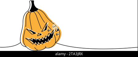 Viso di zucca autunnale, vegetale a una linea colorata a disegno continuo. Zucca di Halloween con faccia spaventosa, illustrazione continua a una riga. Illustrazione Vettoriale