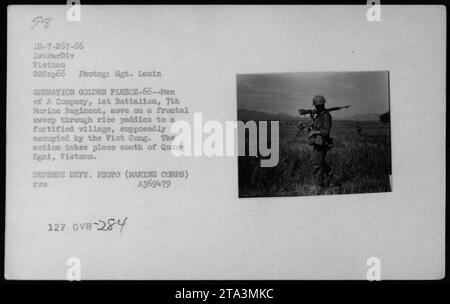 Una compagnia, 1st Battalion, 7th Marine Regiment conduce una scansione frontale attraverso risaie verso un villaggio fortificato occupato dagli insorti Viet Cong a sud di Quang Ngai il 22 settembre 1966, fotografato dal sergente Lenin, che documenta le operazioni di pattuglia militare americana durante la guerra del Vietnam. Foto Stock