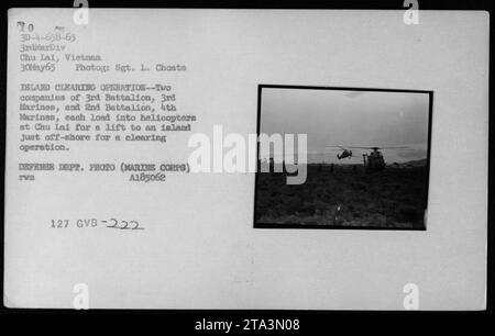 Soldati del 3rd Battalion, 3rd Marines e 2nd Battalion, 4th Marines sono visti caricare su elicotteri UH-34 a Chu Lai il 30 maggio 1965. Vengono trasportati su un'isola vicino alla costa per un'operazione di sgombero dell'isola. Foto scattata dal sergente L. Choate. Foto Stock