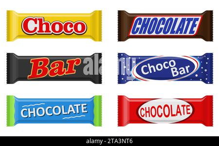 Barretta di cioccolato con barretta di caramelle isolata su sfondo bianco. Dolci, snack bar, pacchetti di modelli. Illustrazione vettoriale del cibo da dessert. Illustrazione Vettoriale