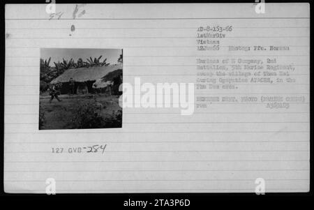 I Marines statunitensi conducono una pattuglia nel villaggio di Than hai durante l'operazione APACHE nell'area di Phu Duoc in Vietnam il 12 giugno 1966. La foto è stata scattata da PFE. Horman Harines della compagnia B, 2nd Battalion, 5th Marine Regiment, 1st Marine Division. Foto Stock