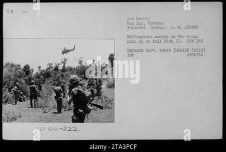 Elicotteri UH-34 del corpo dei Marines degli Stati Uniti dalla 3rd Marine Division a Chu Lai, in Vietnam, che arrivano a prendere truppe durante l'operazione Bull Fish II il 3 luglio 1965. Questa fotografia è stata scattata da L.D. Choate ed è accreditata al Dipartimento della difesa (corpo dei Marines). Foto Stock