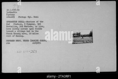 I marines del 2nd Platoon, i Company, 3rd Battalion, 9th Marines si spostano attraverso campi aperti verso una capanna del villaggio nell'area di Thanh Troung, 10 miglia ad ovest di Danang durante l'operazione Skull il 16 ottobre 1965. Foto Stock