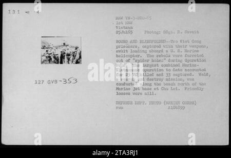 Didascalia: "Viet Cong sospettati e prigionieri caricati su un elicottero dei Marine statunitensi durante l'operazione Weld in Vietnam il 25 luglio 1965. I prigionieri, che sono stati catturati con le loro armi, sono legati e bendati. L'operazione Weld ha provocato l'uccisione di 25 VC e la cattura di altri 33, senza perdite tra le forze amiche." Foto Stock