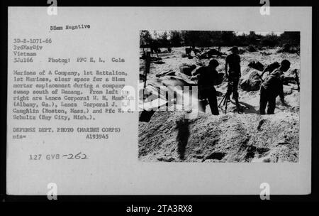 I Marines di Una compagnia, 1st Battalion, 1st Marines, preparano uno spazio per un attacco di mortaio da 81 mm durante una missione della compagnia a sud di Danang. Lance Corporal W.H. Hambick, Lance Corporal J.R. Caughlin e PFC E.C. Schultz possono essere visti nell'immagine. Questa foto è stata scattata da PFC E.L. Cole il 5 luglio 1966. Foto Stock