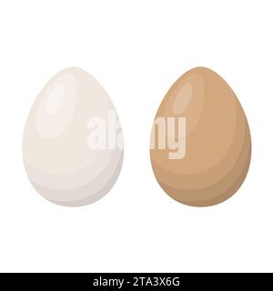 Uova di gallina intere bianche e marroni isolate su fondo bianco. Guscio d'uovo scuro e chiaro. Design piatto per menu, caffè, ristorante, poster, banner Illustrazione Vettoriale