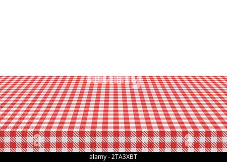 Il tavolo da picnic è coperto da una tovaglia a scacchi. Tessuto Vichy bianco/rosso. Superficie pulita con tessuto, modello per il menu del caffè del ristorante Illustrazione Vettoriale