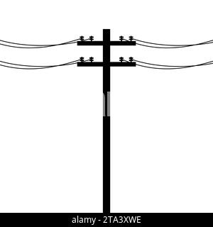 Icona del polo elettrico isolata su sfondo bianco. Linee di alimentazione silhouette, trasmissione di potenza elettrica. Concetto di elettricità per palo di servizio. Alta tensione W Illustrazione Vettoriale